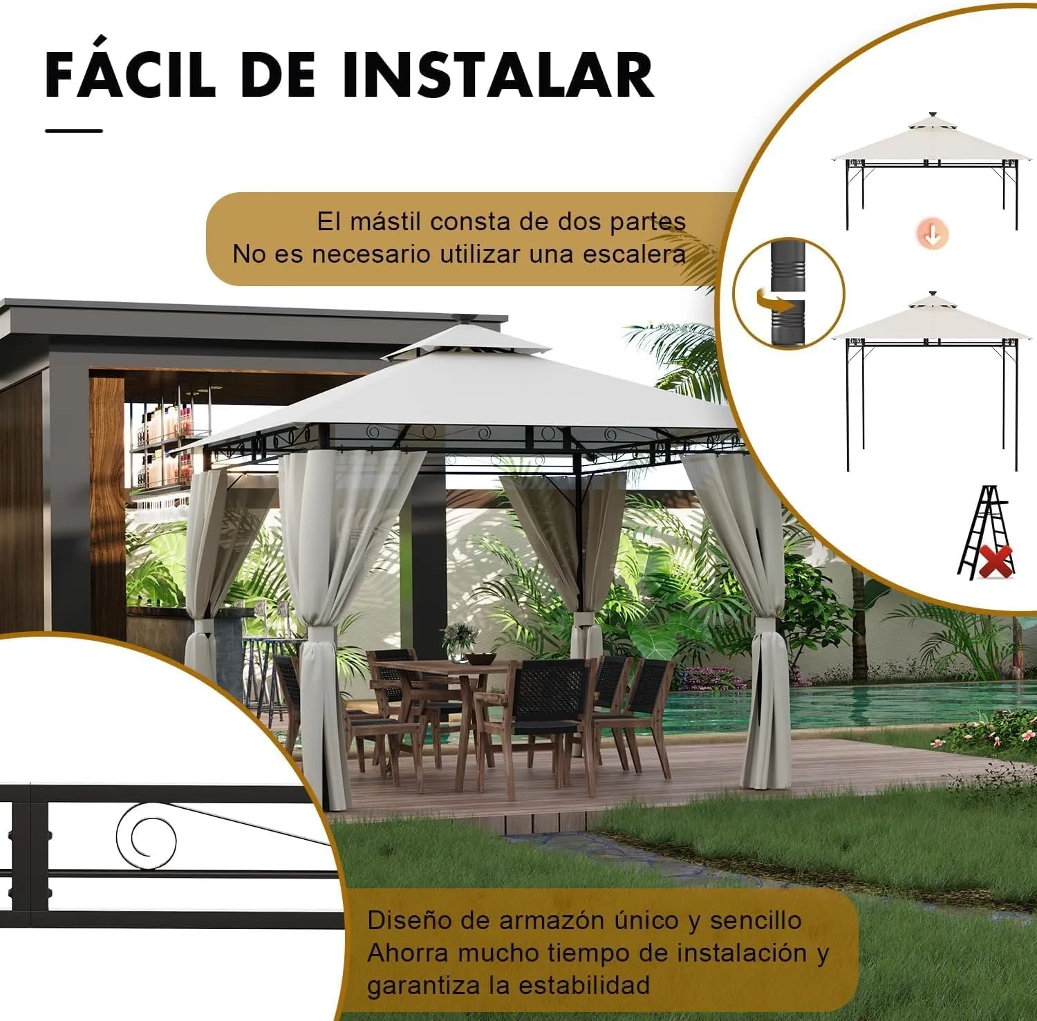 Cenador Devoko 3x3x2,7 m con iluminación LED y protección UV50+ - Imagen 9